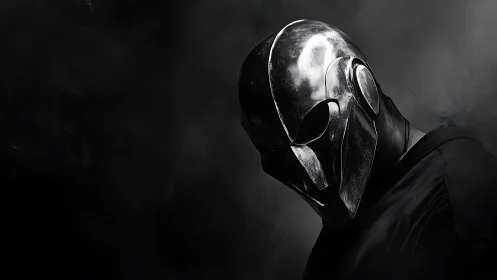 Chromed dystopian helmeted figure in dramatic low-key light.