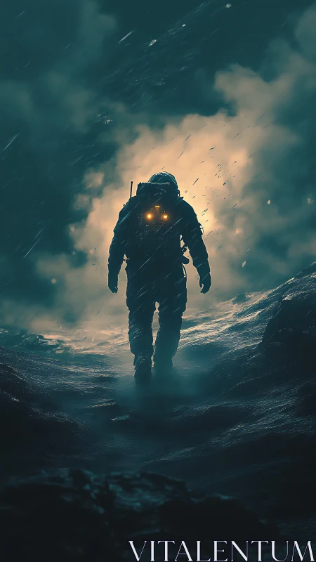 Lone stormwalker astronaut crossing a glowing alien ravine.