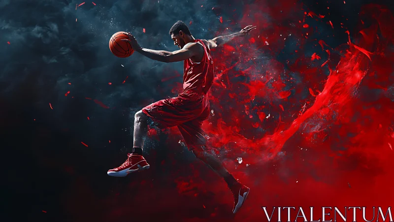 Soaring hoop dreamer riding a storm of blazing red energy.