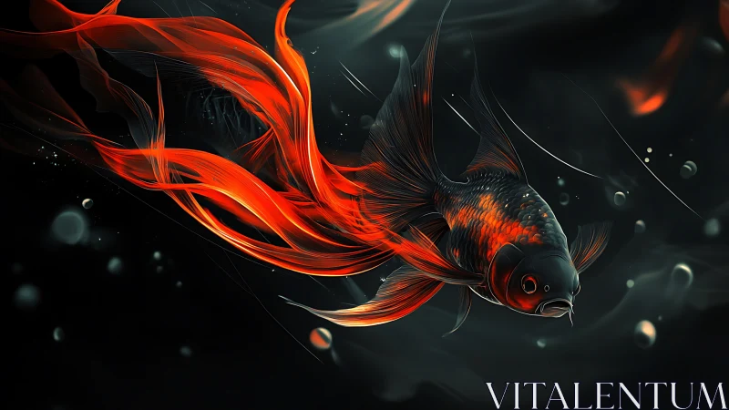 Radiant red koi glides through dark abstract waterscape.