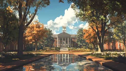 Symmetrical campus quad with neoclassical hall and pond.