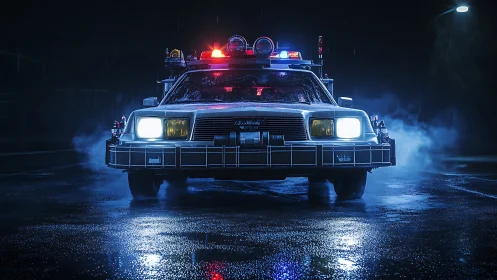 Retro-futuristic emergency car in rainy neon-lit street