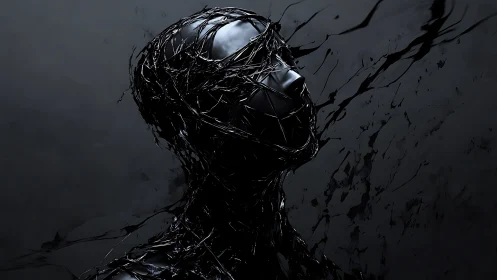 Dark abstract figure wrapped in flowing black shards.