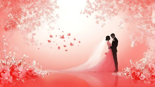 Blossom-kissed silhouettes trade vows in a rosy dreamscape