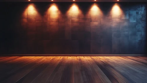 Empty gallery wall with warm spotlights and wood floor.