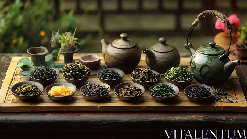 Gentle tea ritual with rustic pots and vibrant loose leaves.