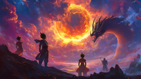 Solar dragon ascension over warriors in blazing sky.