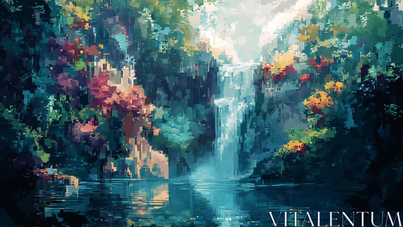 Pixel art waterfall oasis with prismatic foliage composition.