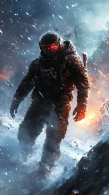 Lone armored explorer strides through a raging frozen storm.