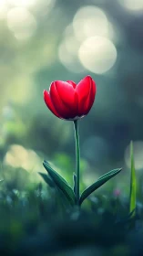 Single red tulip glows softly in dreamy garden bokeh
