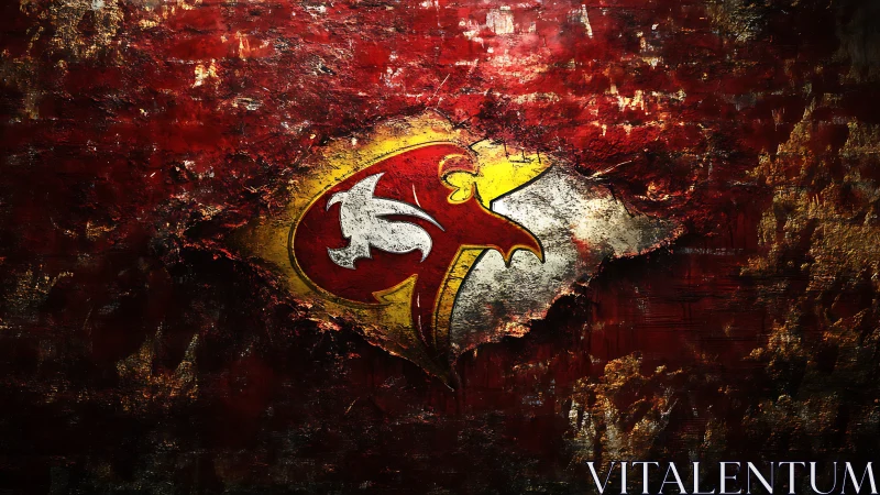 Grunge-style crimson emblem with distressed metallic eagle.