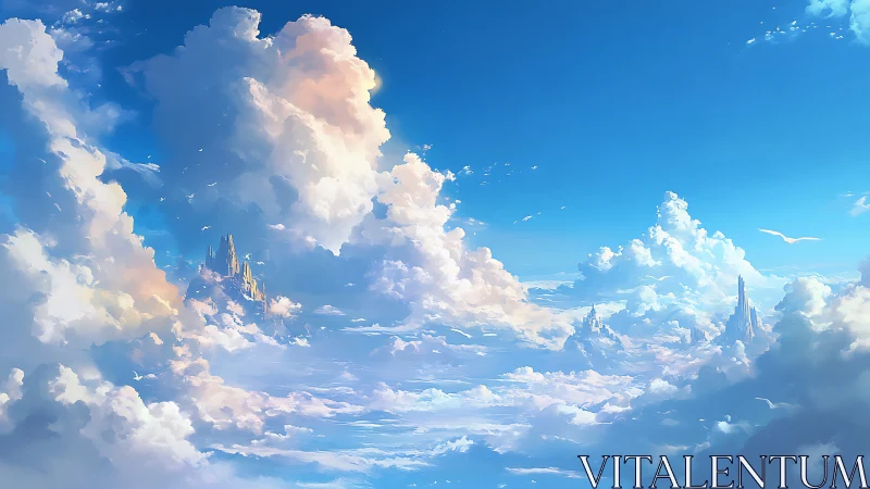 Sunlit cloud kingdom rises over vast radiant sky sea