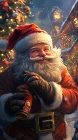 Digital painting portrait of festive Santa in warm bokeh light.