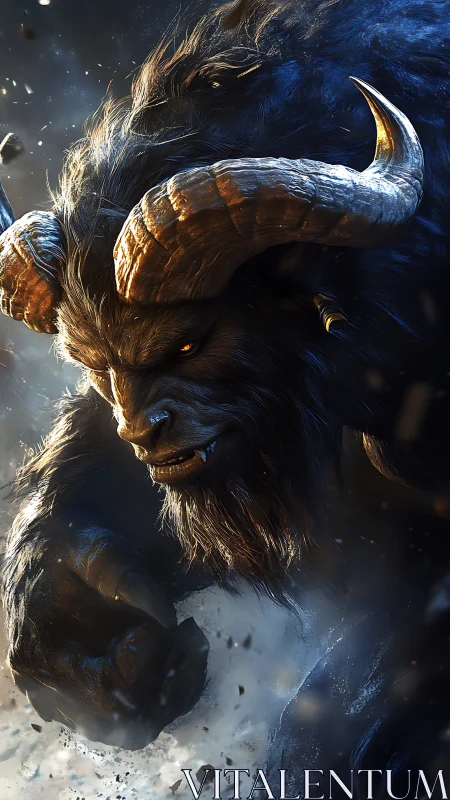 Horned beast charges through ember-lit icy storm.