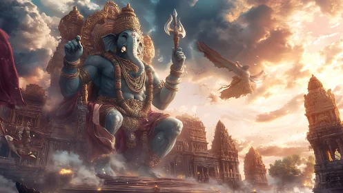 Colossal Ganesh deity above detailed temple complex.