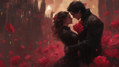 Elegant couple embraces among crimson roses in gothic architecture setting