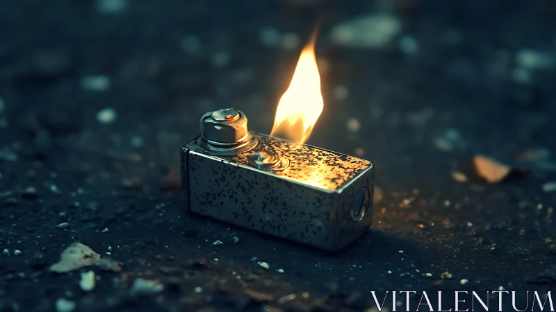 Stray streetlighter flame glows against deep urban dusk.