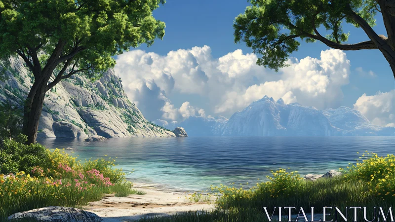 Alpine lake vista framed by towering cliffs and verdant shoreline.