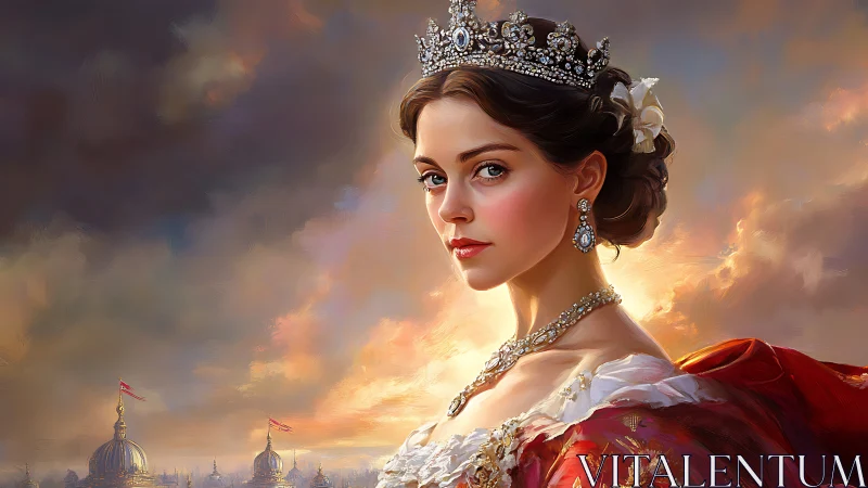 Regal young queen in jeweled crown at luminous sunset.