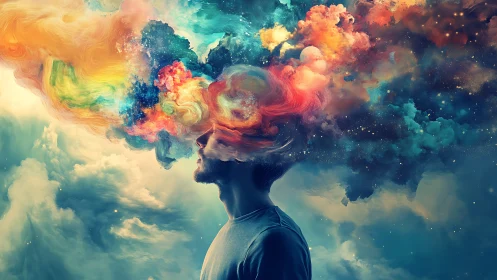 Surreal male silhouette dissolves into prismatic cosmic nebula.