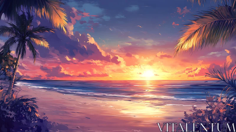 Digital coastal sunset with palm silhouettes and clouds.