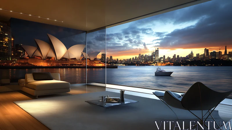 Harborfront glass loft serenades a glowing opera skyline.