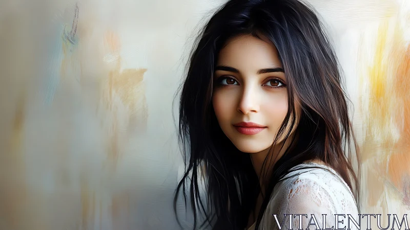 Softly lit digital portrait captures serene feminine beauty.