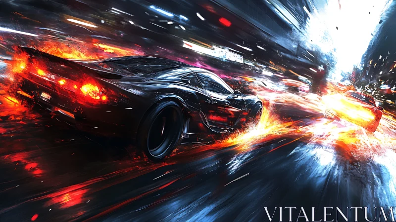 High speed night race with flaming motion trails.