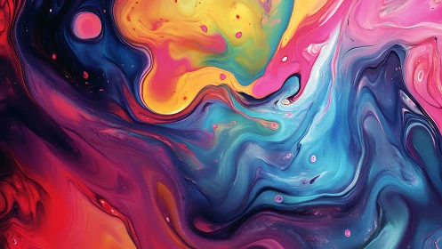 Vibrant fluid abstract swirl in neon rainbow color fields.