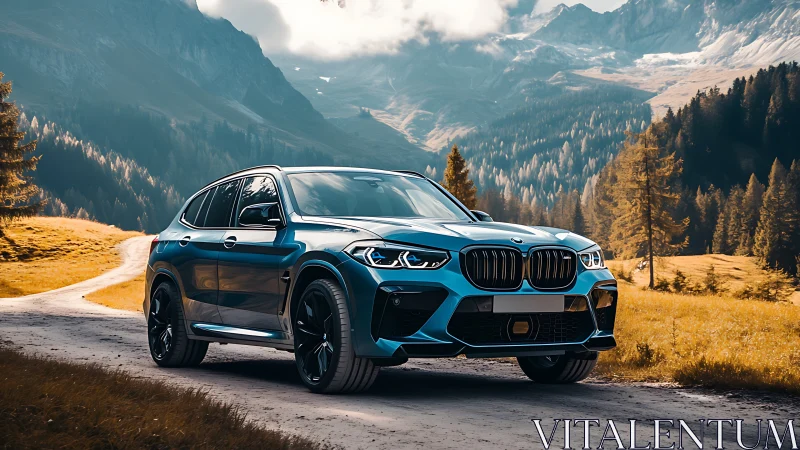 High-performance blue SUV on alpine gravel road, cinematic lighting.