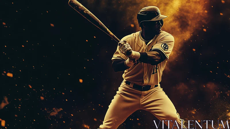 Baseball hitter poised at bat amid dynamic ember-lit backdrop