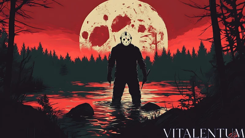 Masked killer stands in blood-red lake under skull moon