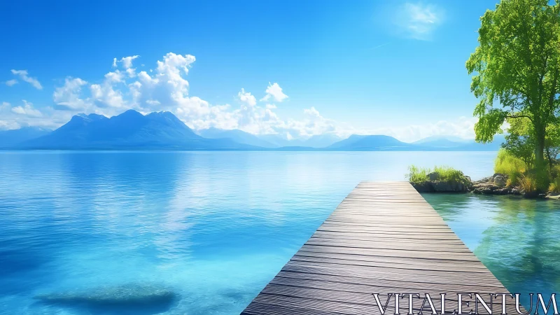 Wooden pier extending over clear lake toward distant hills.