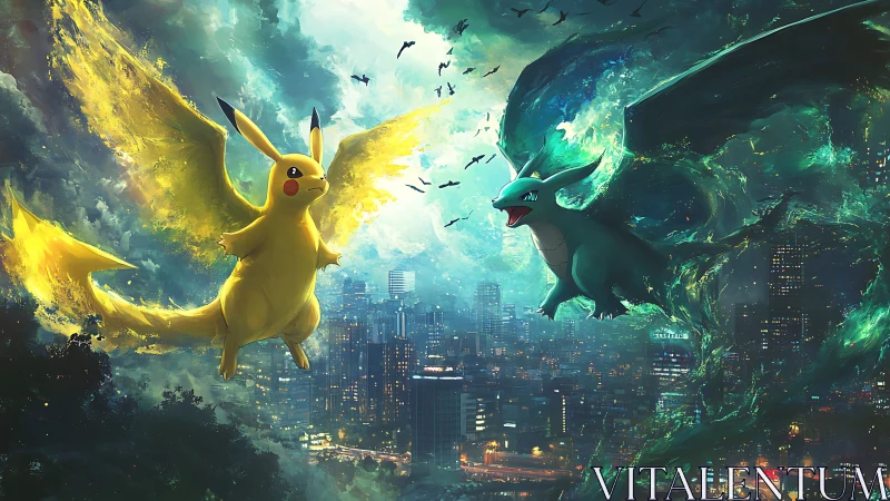 Soaring electric and dragon friends light up a stormy city sky