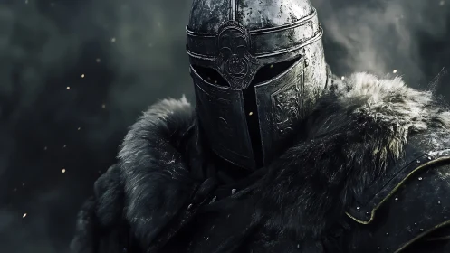 Armored figure in metal helmet with fur cloak in gloom.