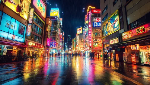 Neon city street glows warmly on a rainy, reflective night