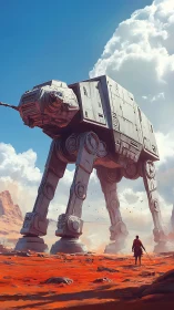 Colossal desert walker confronting lone robed warrior.