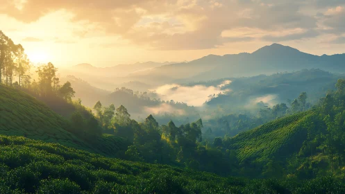 Sunlit mountain tea plantations extend across foggy valleys