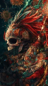 Celestial bone king draped in jeweled cosmic feathers.