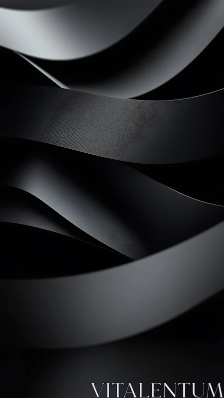 Black metallic ribbons curve through soft gradient light.