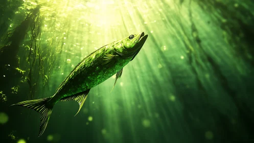 Emerald reef wanderer basking in cathedral-green light.