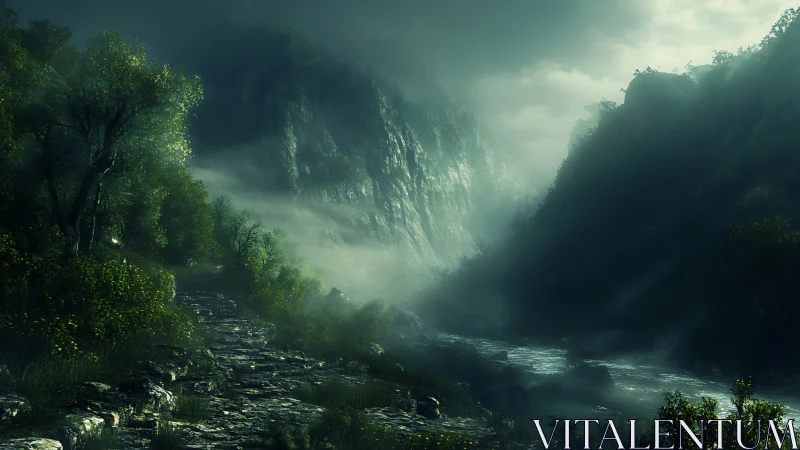 Misty river gorge under moody teal-green atmospheric light.