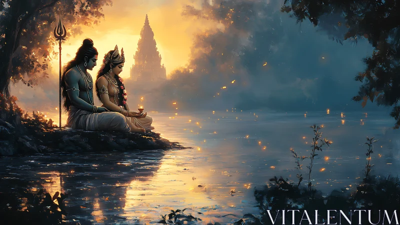 Divine couple beside river under glowing temple dusk.