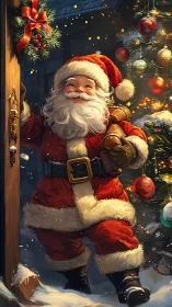 Santa entering cozy doorway beside glowing Christmas tree.