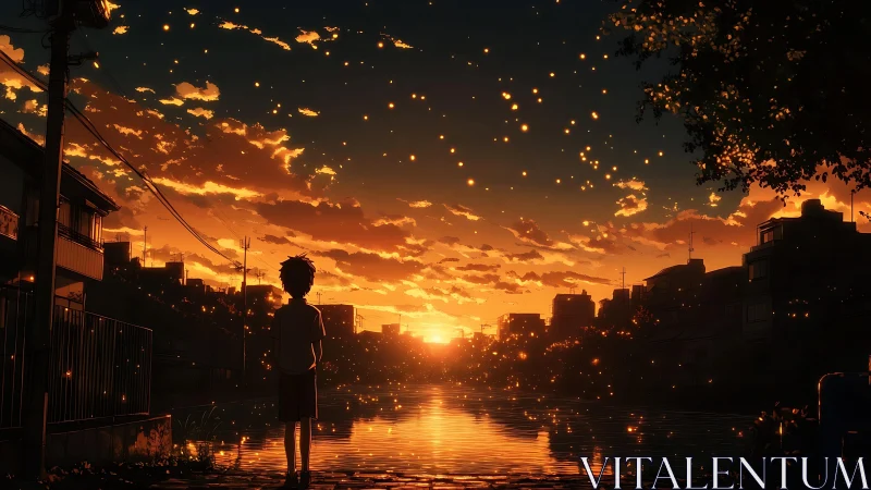 Boy under emberlit sunset sky beside quiet riverside homes.