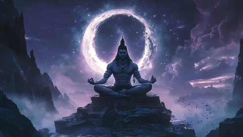 Moonlit mountain yogi holding stillness above the clouds.