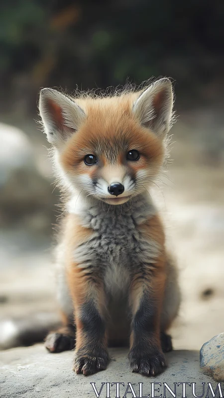 Juvenile red fox sitting on rocky ground outdoors.