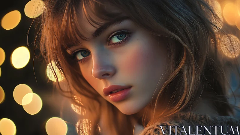 Soft-lit girl gazes into warm bokeh twilight with quiet depth