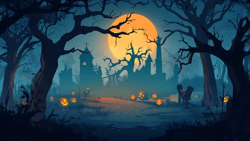 Halloween graveyard under full moon with carved pumpkins glow.