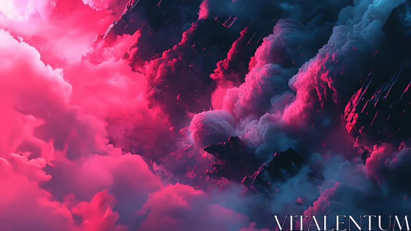 Bifrontal magenta nebula cloudscape over shadowed ridges